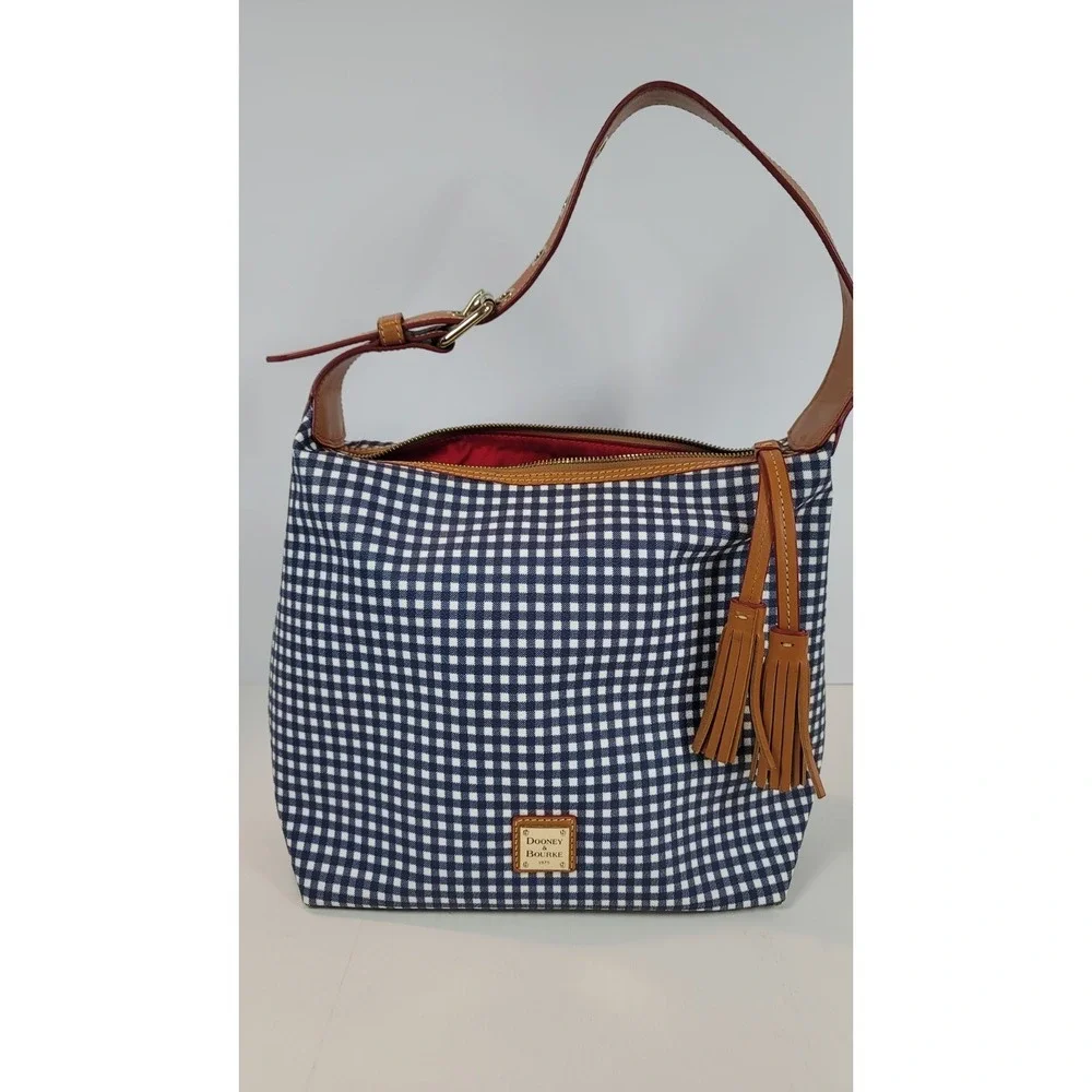 Dooney & Bourke Coated Blue Gingham Hobo Shoulder Bag Checkered Navy 11x11‎
